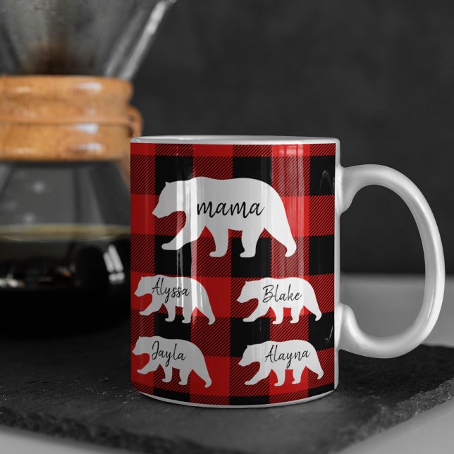 Modern Red Plaid And White Mama Bear Gift Two-Tone Coffee Mug (Creator Uploaded)