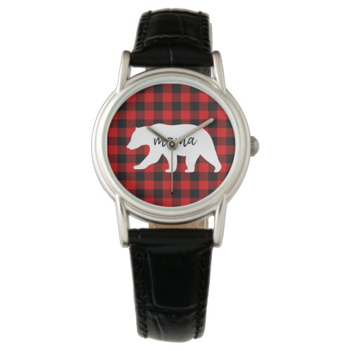 Modern Red Plaid And White Mama Bear Gift Watch