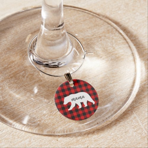 Modern Red Plaid And White Mama Bear Gift Wine Charm