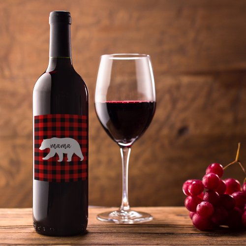Modern Red Plaid And White Mama Bear Gift Wine Label