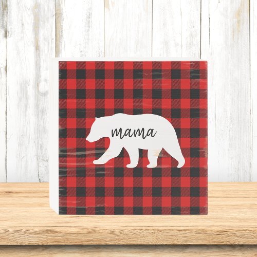 Modern Red Plaid And White Mama Bear Gift Wooden Box Sign
