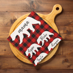 Modern Red Plaid And White Mama Bear Kitchen Towel