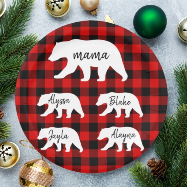 Modern Red Plaid And White Mama Bear Paper Plates (Creator Uploaded)