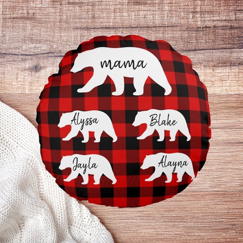 Modern Red Plaid And White Mama Bear Round Pillow