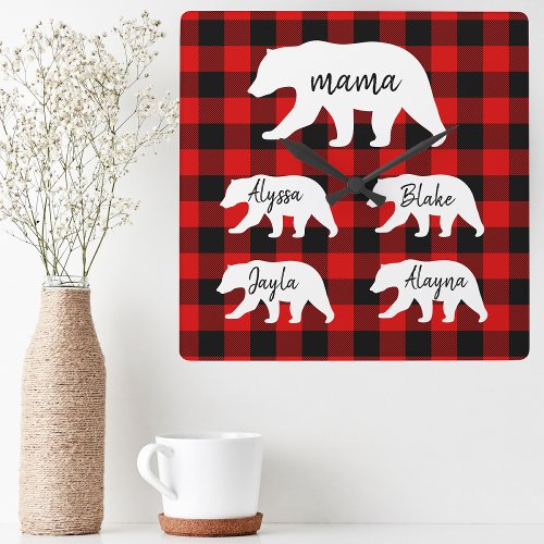 Modern Red Plaid And White Mama Bear Square Wall Clock