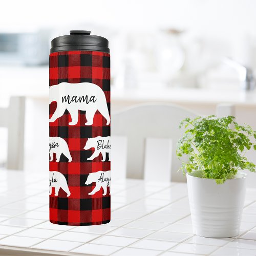 Modern Red Plaid And White Mama Bear Thermal Tumbler