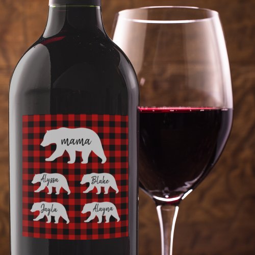 Modern Red Plaid And White Mama Bear Wine Label