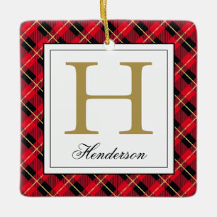 Modern Red Plaid Check Gold Accents, Monogrammed Ceramic Ornament