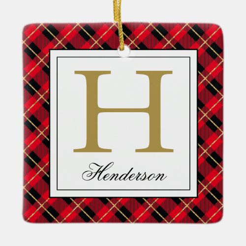 Modern Red Plaid Check Gold Accents Monogrammed Ceramic Ornament