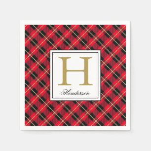 Modern Red Plaid Check Gold Accents, Monogrammed Napkins