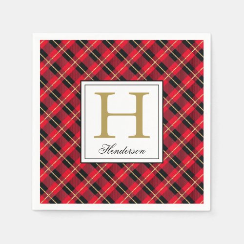 Modern Red Plaid Check Gold Accents Monogrammed Napkins