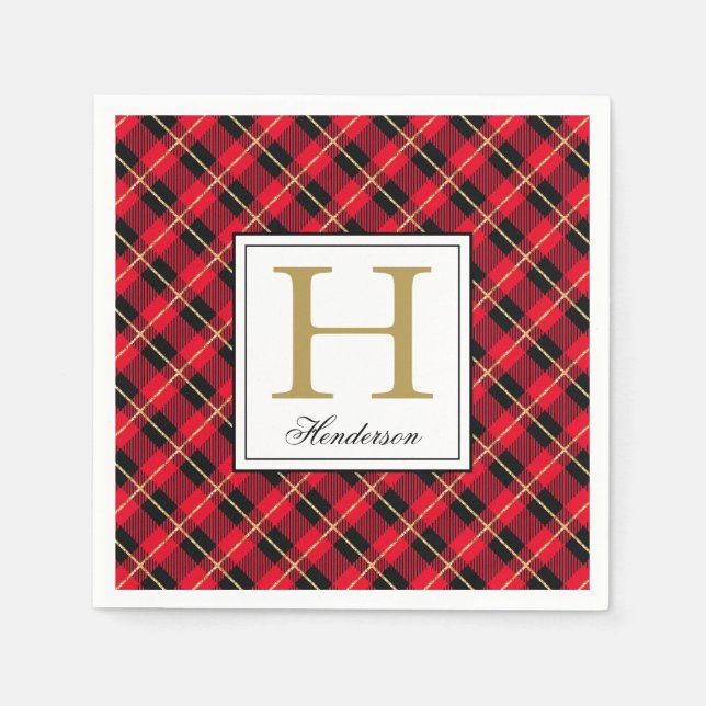 Modern Red Plaid Check Gold Accents, Monogrammed Napkins (Front)