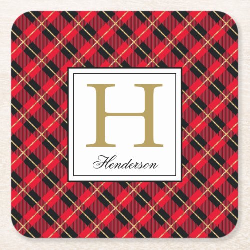 Modern Red Plaid Check Gold Accents Monogrammed Square Paper Coaster