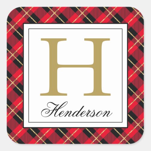 Modern Red Plaid Check Gold Accents Monogrammed Square Sticker