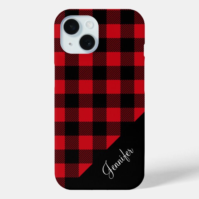 Modern Red Plaid Check Pattern Name Case-Mate iPhone Case (Back)