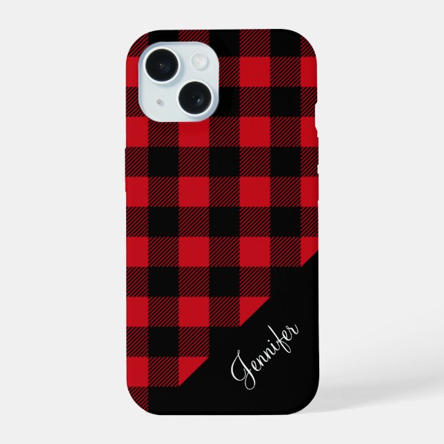 Modern Red Plaid Check Pattern Name Iphone Case (Back)