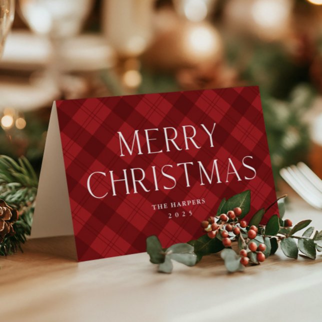 Modern Red Plaid Elegant Merry Christmas Folded Holiday Card (Rustic Merry Christmas Red Plaid Folded Holiday Cards.)