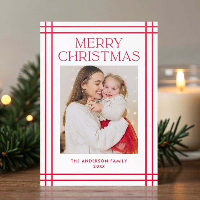 Modern Red Plaid Frame Merry Christmas Letterpress Photo Cards (Creator Uploaded)