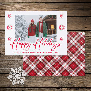 Modern Red Plaid Happy Holidays Snowflake Letterpress Photo Cards