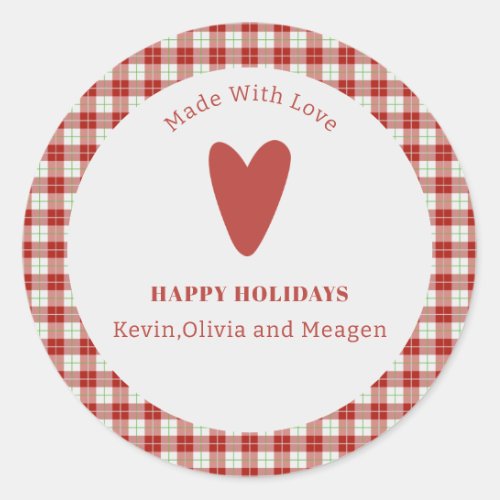 Modern Red Plaid Made With Love Christmas Classic Round Sticker
