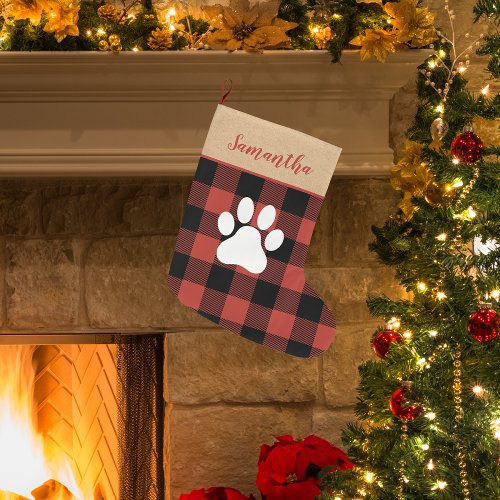 Modern Red Plaid  Name Dog Paw Large Christmas Stocking