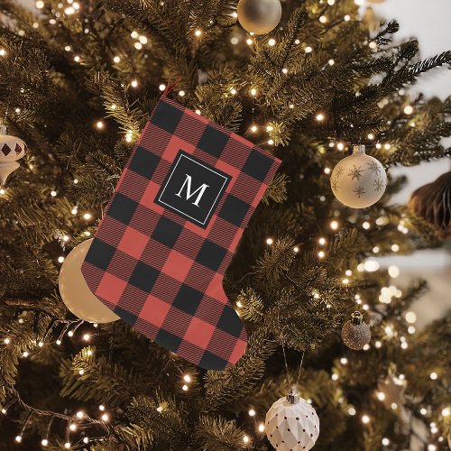 Modern Red Plaid  Name Large Christmas Stocking