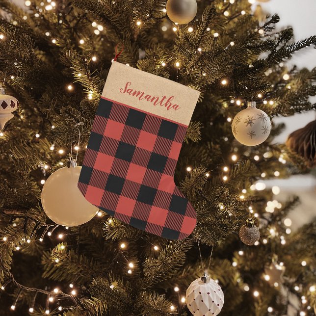 Modern Red Plaid & Name Large Christmas Stocking (Creator Uploaded)