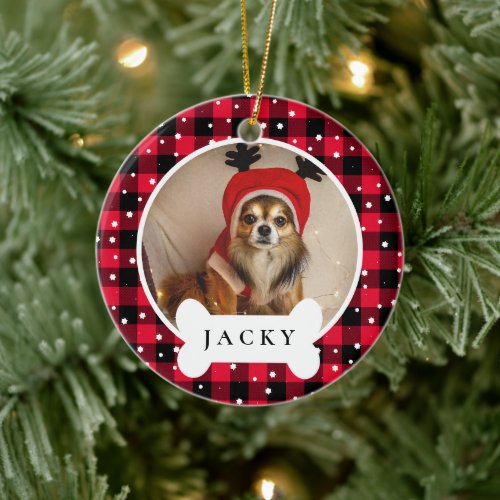Modern Red Plaid Personalized Pet Dog Photo  Name Ceramic Ornament