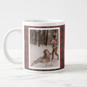 Modern Red Plaid Rustic 2 Photo Christmas Gift Giant Coffee Mug