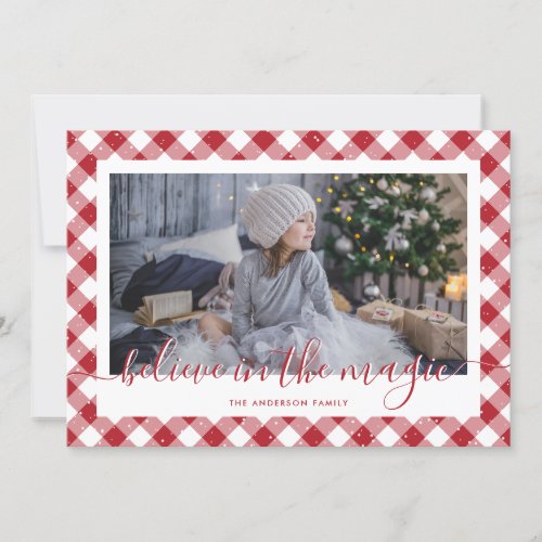 Modern Red Plaid Snow Believe Photo Holiday Card