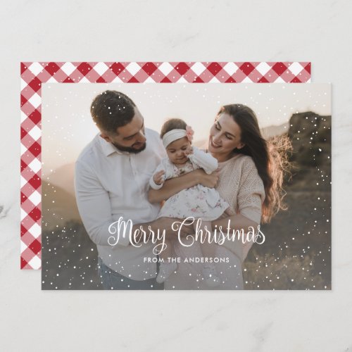 Modern Red Plaid Snow Photo Merry Christmas Card