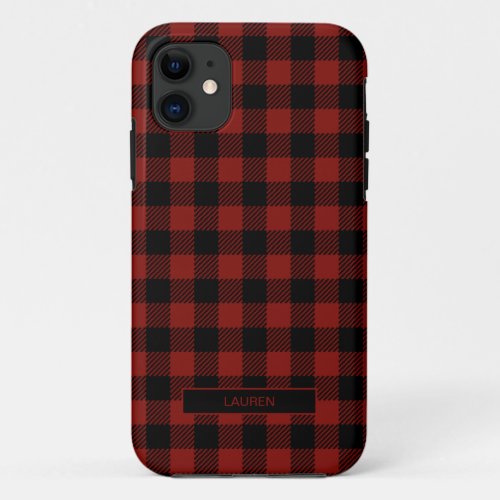 Modern Red Plaid Winter Christmas Name Pattern iPhone 11 Case