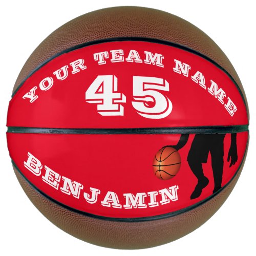 Modern Red Player Team Name Number Basketball - Modern Red Player Team Name Number Basketball. The design has a black silhouette of a basketball player with a basketball. The text is in modern fonts - personalize it with your team name, number and your name. To customize the ball click the customize button and easily use the design tool. Perfect gift for basketball players, teammates, coaches, your friends and family or a keepsake to remember your favorite sport.