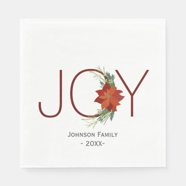 Modern Red poinsettia Holiday Joy Christmas Napkins (Front)