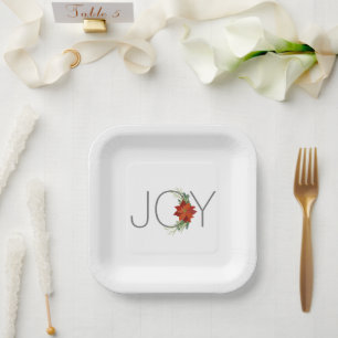 Modern Red poinsettia Holiday Joy Christmas Paper Plates