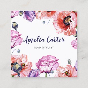 Modern Red Poppies Floral Girly Cute Personalized Square Business Card