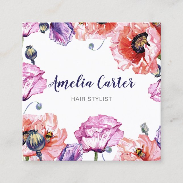Modern Red Poppies Floral Girly Cute Personalized Square Business Card (Front)