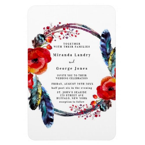 Modern Red Poppy Boho Feather Wedding Invite Magnet