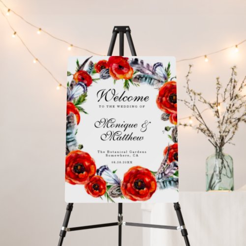Modern Red Poppy Boho Feather Wedding Welcome Sign