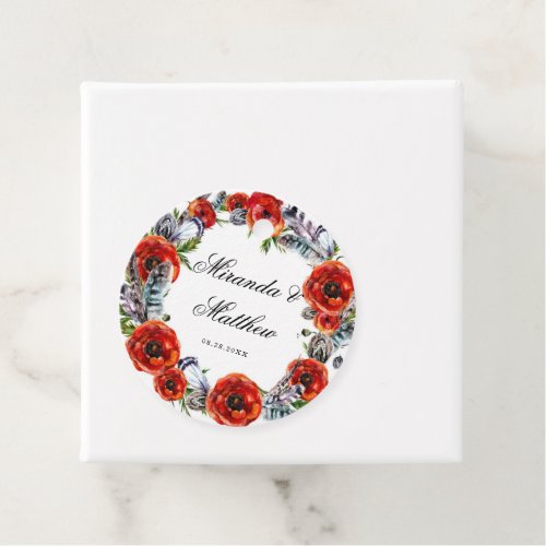 Modern Red Poppy Boho Feathers Wedding Favor Tags