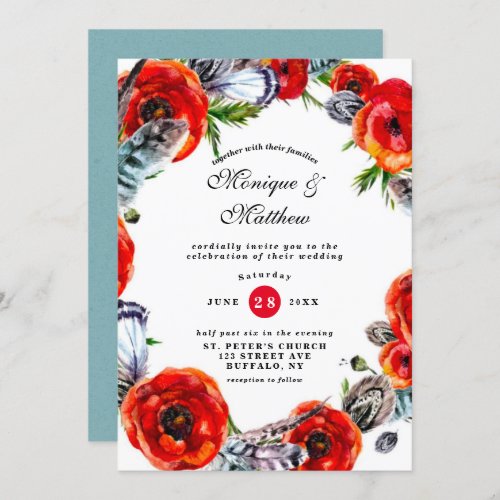 Modern Red Poppy Boho Feathers Wedding Invitation