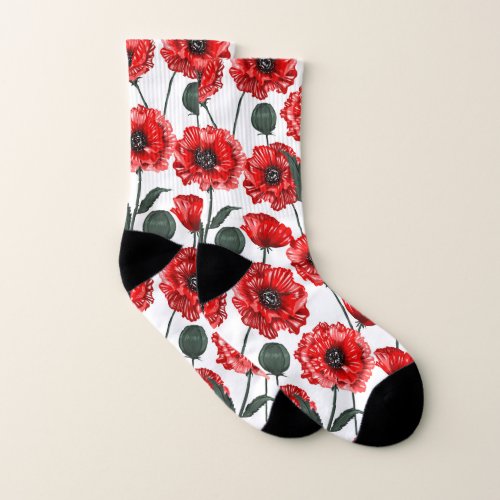 Modern Red Poppy Country Floral Socks