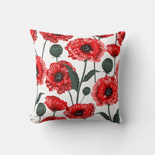 Modern Red Poppy Country Floral Throw Pillow (Front)