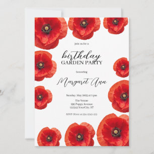 Modern Red Poppy Floral Birthday Garden Party Invitation