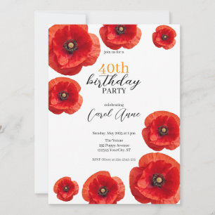 Modern Red Poppy Floral Birthday Party Invitation