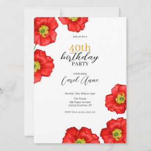 Modern Red Poppy Floral Birthday Party Invitation