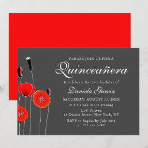 Modern Red Poppy Floral Botanical Quiceanera Invitation