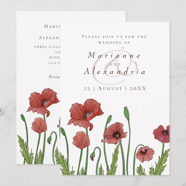 Modern red poppy floral wedding invitation (Front/Back)