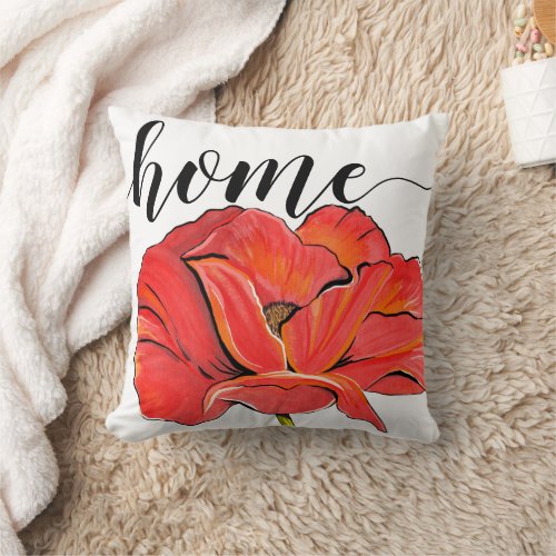 Modern Red Poppy Flower Typography Home  Throw Pillow