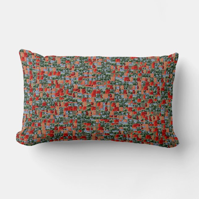 Modern red poppy flowers and blue flowers pattern lumbar pillow (Front)